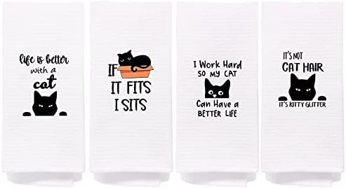 Funny Black Peeking Cat Dish Towels Set of 4