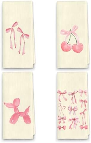 ETYZE Pink Cherry Bow Hand Towels Set of 4