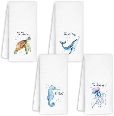 Sea Turtle Kitchen Towel Set of 4 - Waffle Pattern 16x24 Inch