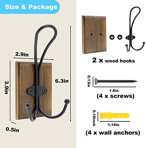 TEGUEPS Double Wall Hooks 2 Pack Rustic Decorative Wood