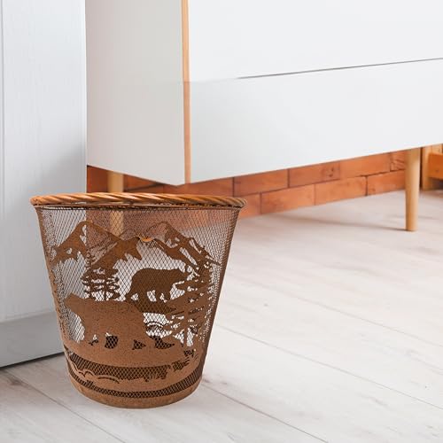 Rustic Brown Mesh Wastebasket with Mountain Bear Design