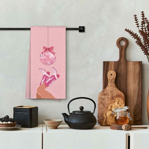 Pink Preppy Bow Cowgirl Boot Dish Towel