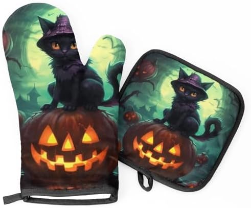 Aglebo Halloween Funny Pumpkin Oven Mitts and Pot Holders Set