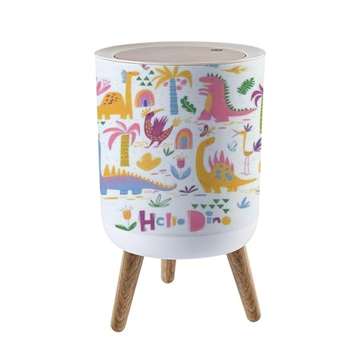 Hello Dino Trash Can with Lid 7L Round Bin with Wooden Legs