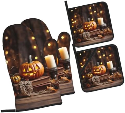 Halloween Pumpkin Print Oven Mitts 4pcs Set