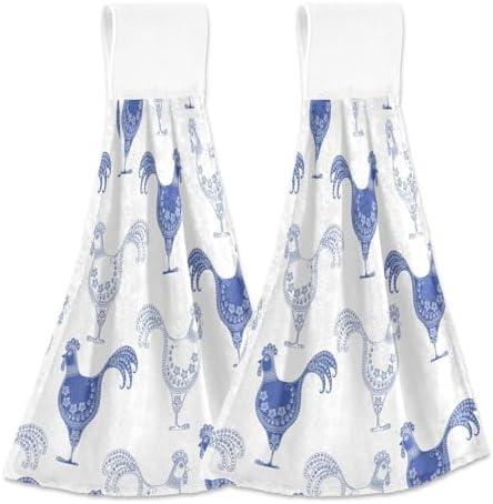 OTVEE Blue White Cartoon Rooste Kitchen Towels 2 Pieces
