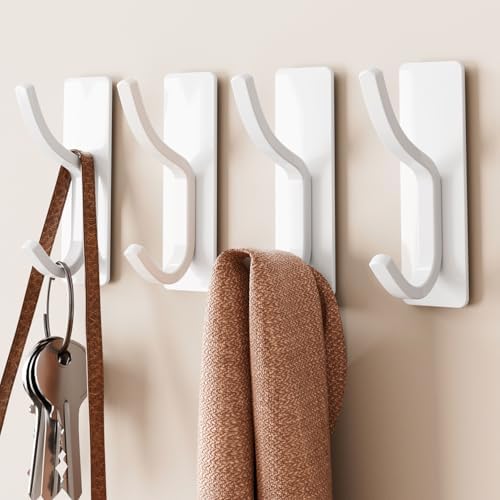 Matte White Curved Double Hooks - 4 Pack Self Adhesive Coating Hangers