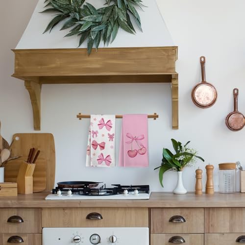 Pink Cherry Bow Kitchen Towels Set of 2