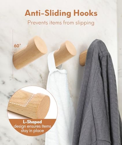Optish Wood Wall Hooks 6 Pack - Natural Durable and Stylish