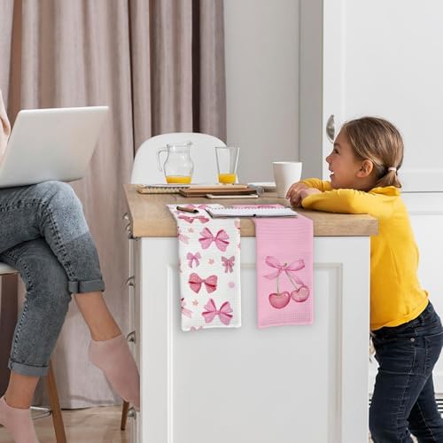 Pink Cherry Bow Kitchen Towels Set of 2