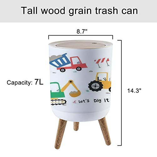 Small Trash Can with Lid Cute Construction Trucks for Kids