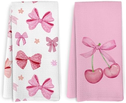 Pink Cherry Bow Kitchen Towels Set of 2