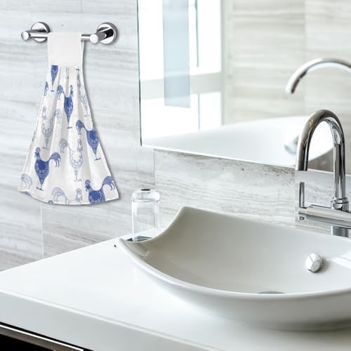 OTVEE Blue White Cartoon Rooste Kitchen Towels 2 Pieces