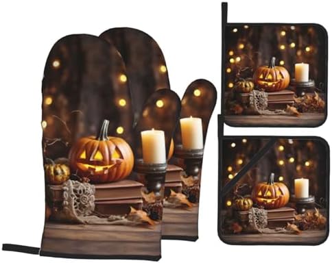 Halloween Pumpkin Print Oven Mitts 4pcs Set