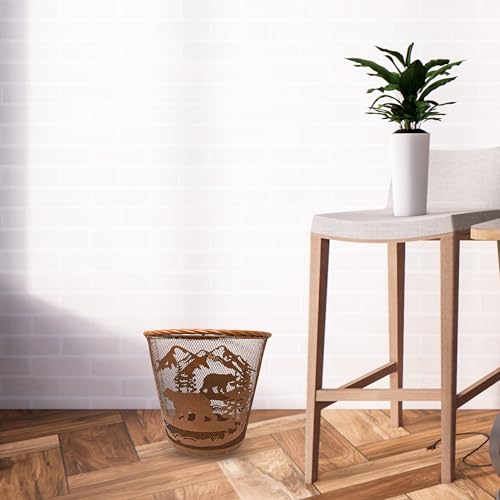 Rustic Brown Mesh Wastebasket with Mountain Bear Design