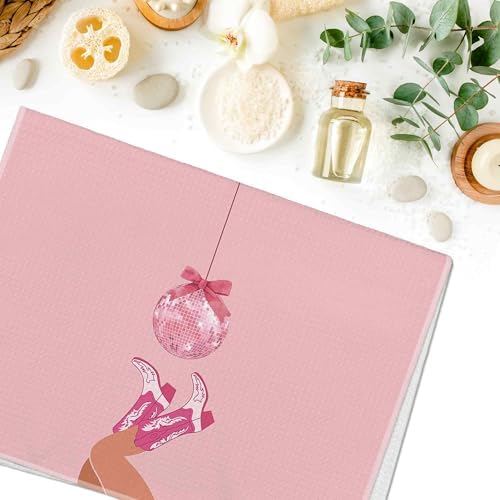 Pink Preppy Bow Cowgirl Boot Dish Towel