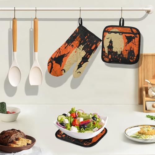 TropicalLife Halloween Witch Pumpkin Oven Mitts and Pot Holders 4 pcs Set