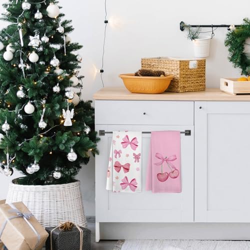Pink Cherry Bow Kitchen Towels Set of 2
