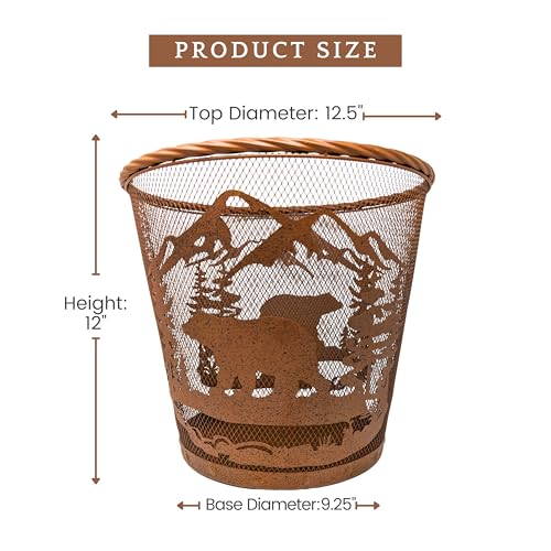 Rustic Brown Mesh Wastebasket with Mountain Bear Design