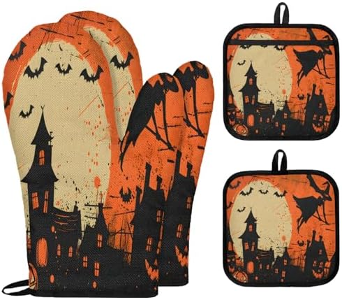 TropicalLife Halloween Witch Pumpkin Oven Mitts and Pot Holders 4 pcs Set