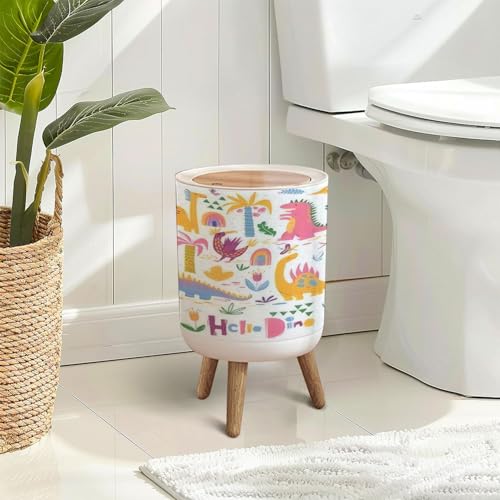 Hello Dino Trash Can with Lid 7L Round Bin with Wooden Legs