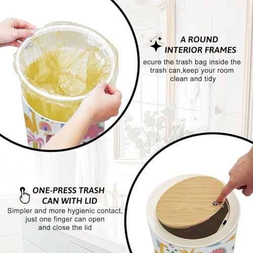 Hello Dino Trash Can with Lid 7L Round Bin with Wooden Legs