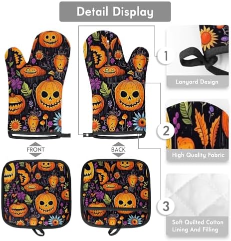 Aglebo Halloween Pumpkin Flower Oven Mitts Pot Holder Set