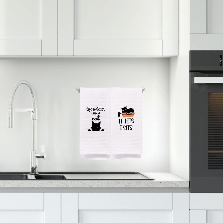 Funny Black Peeking Cat Dish Towels Set of 4