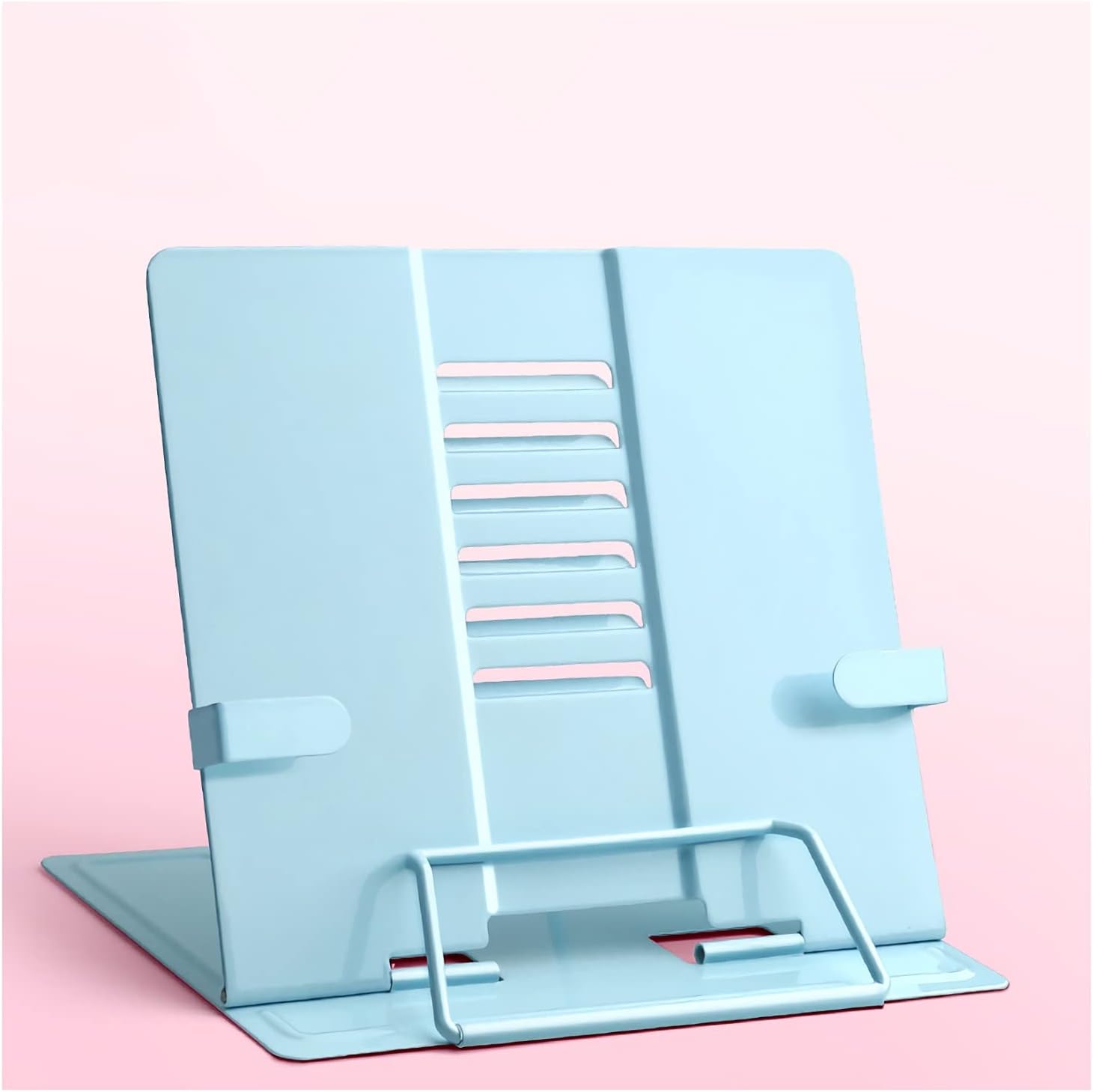 Adjustable Metal Book Stand with Page Clip for Kitchen and Office Blue
