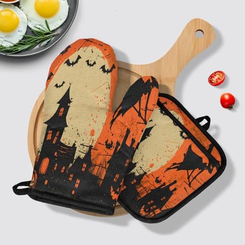 TropicalLife Halloween Witch Pumpkin Oven Mitts and Pot Holders 4 pcs Set