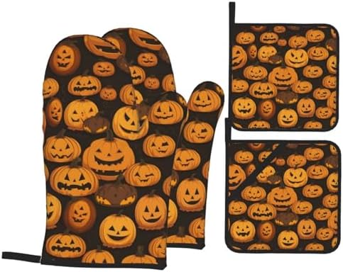 Halloween Pumpkin Oven Mitts and Pot Holders Set of 4 1