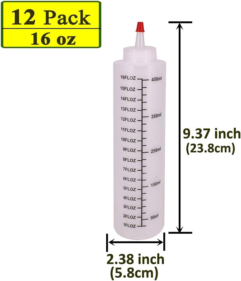 12 Pack 16-Ounce Plastic Squeeze Bottles with Red Cap and Reusable Labels
