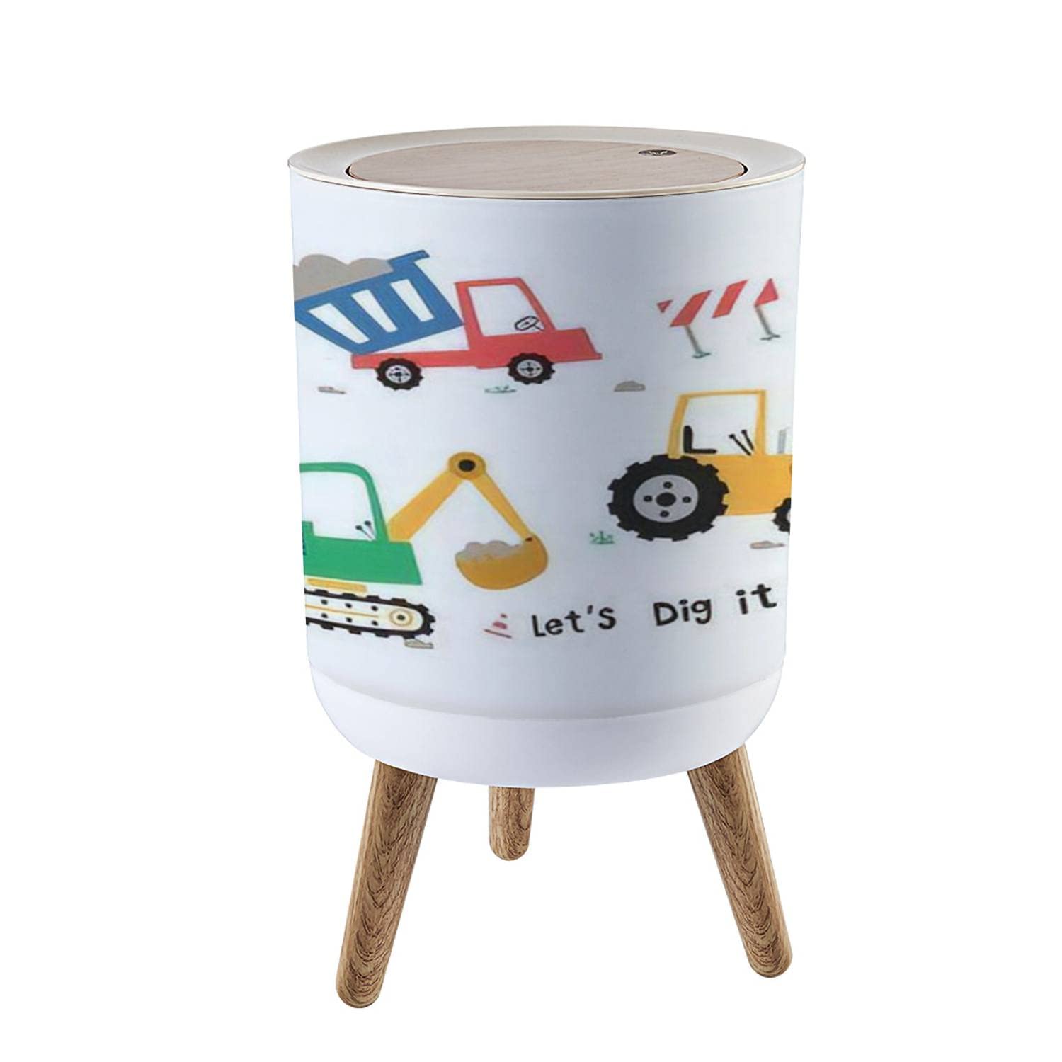 Small Trash Can with Lid Cute Construction Trucks for Kids
