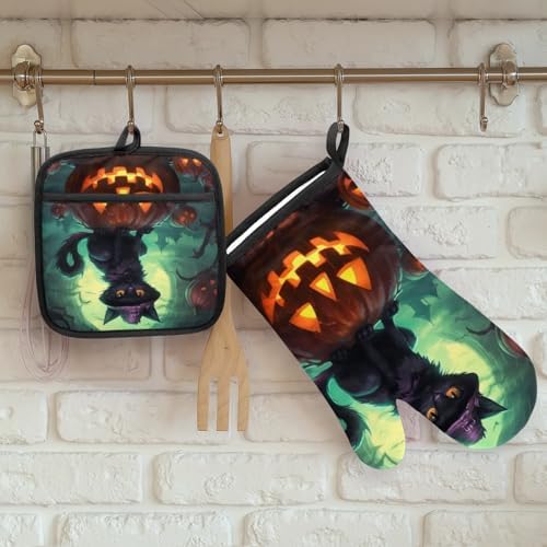 Aglebo Halloween Funny Pumpkin Oven Mitts and Pot Holders Set