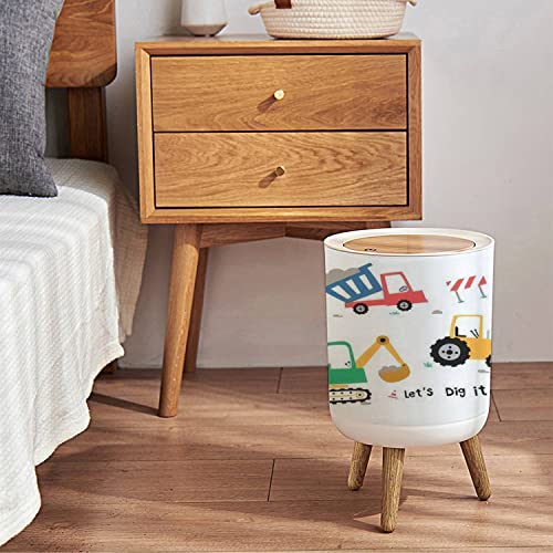Small Trash Can with Lid Cute Construction Trucks for Kids