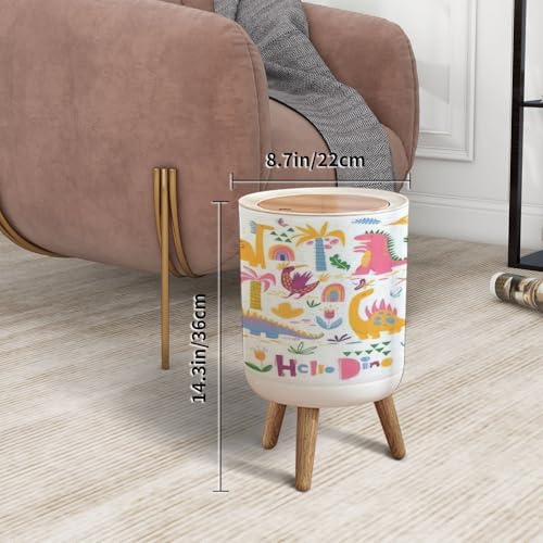 Hello Dino Trash Can with Lid 7L Round Bin with Wooden Legs