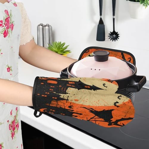 TropicalLife Halloween Witch Pumpkin Oven Mitts and Pot Holders 4 pcs Set