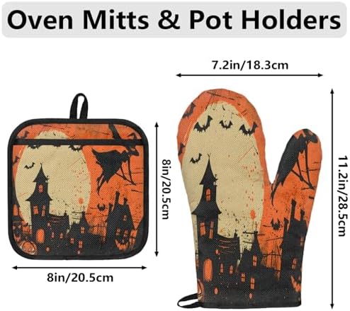 TropicalLife Halloween Witch Pumpkin Oven Mitts and Pot Holders 4 pcs Set