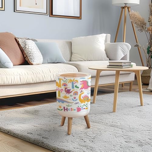 Hello Dino Trash Can with Lid 7L Round Bin with Wooden Legs