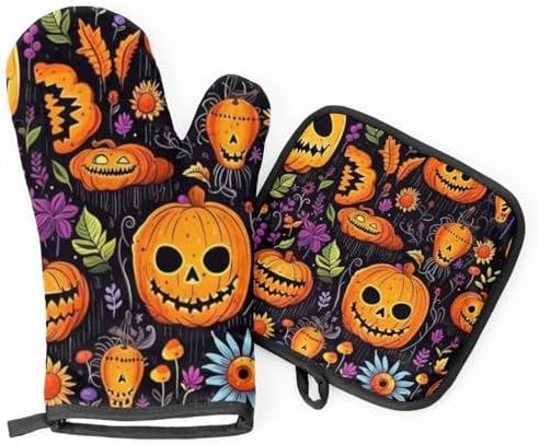 Aglebo Halloween Pumpkin Flower Oven Mitts Pot Holder Set
