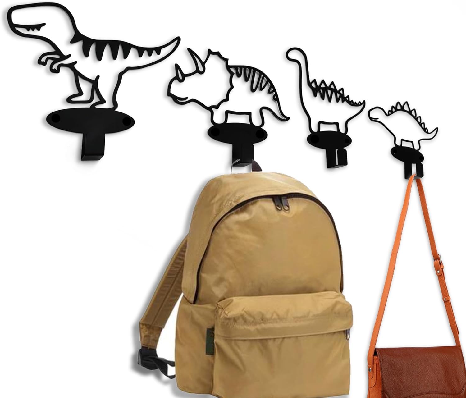 4 Piece Dinosaur Silhouette Coat Hooks Set Matte Black