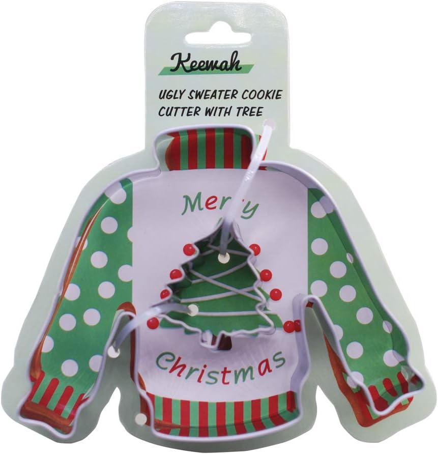 Keewah 4 Inch Ugly Sweater Cookie Cutter with Mini Christmas Tree - Stainless Steel