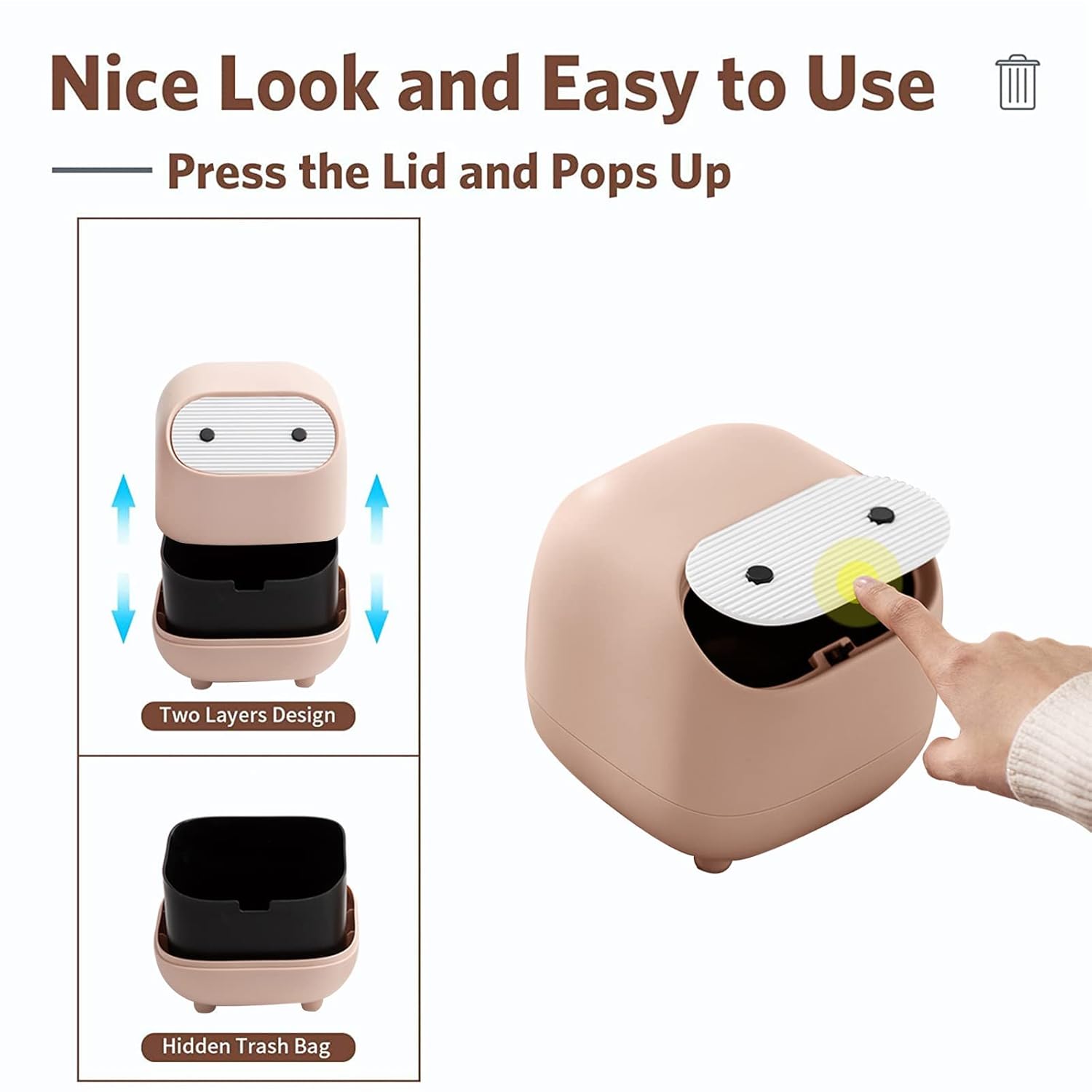 Mini Trash Can with Lid - Cute Ninja Design Pink