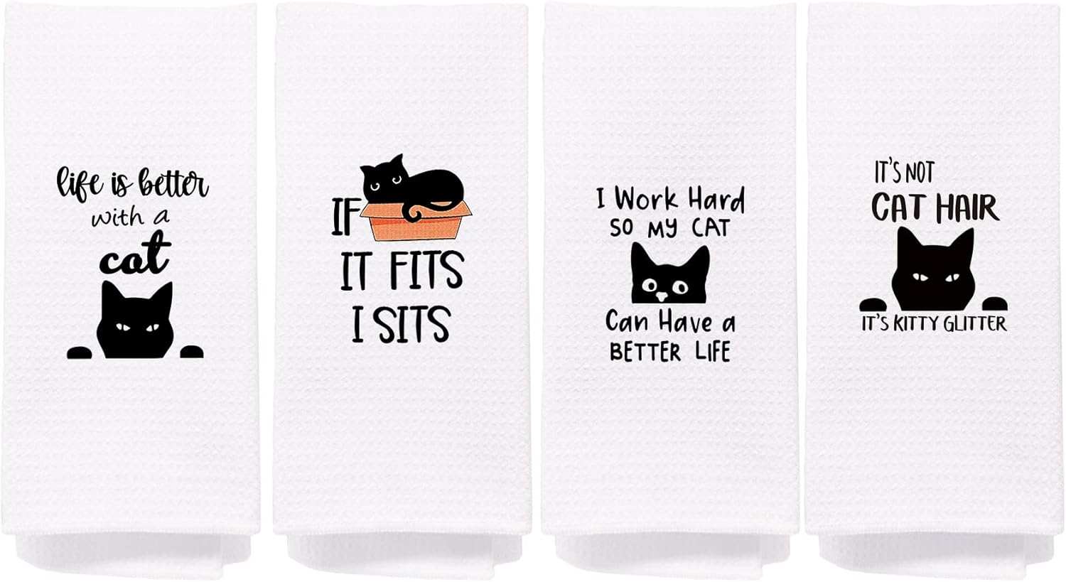 Funny Black Peeking Cat Dish Towels Set of 4