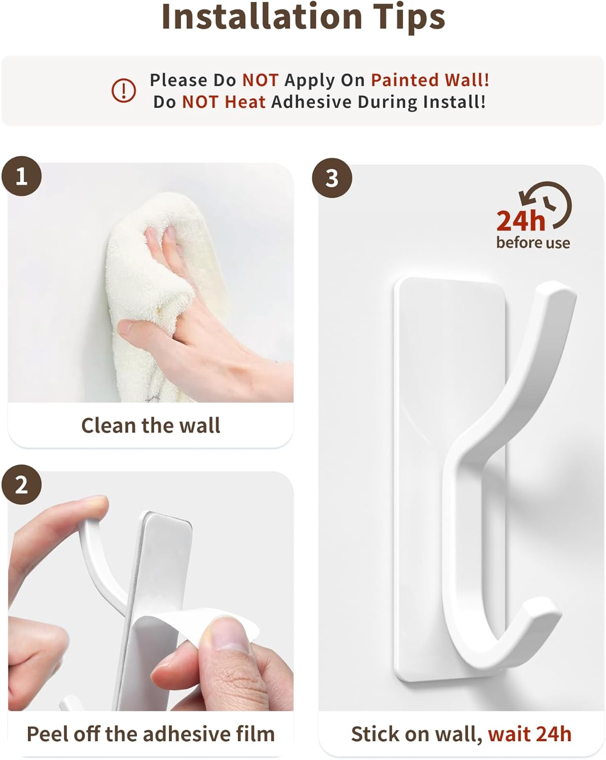 Matte White Curved Double Hooks - 4 Pack Self Adhesive Coating Hangers