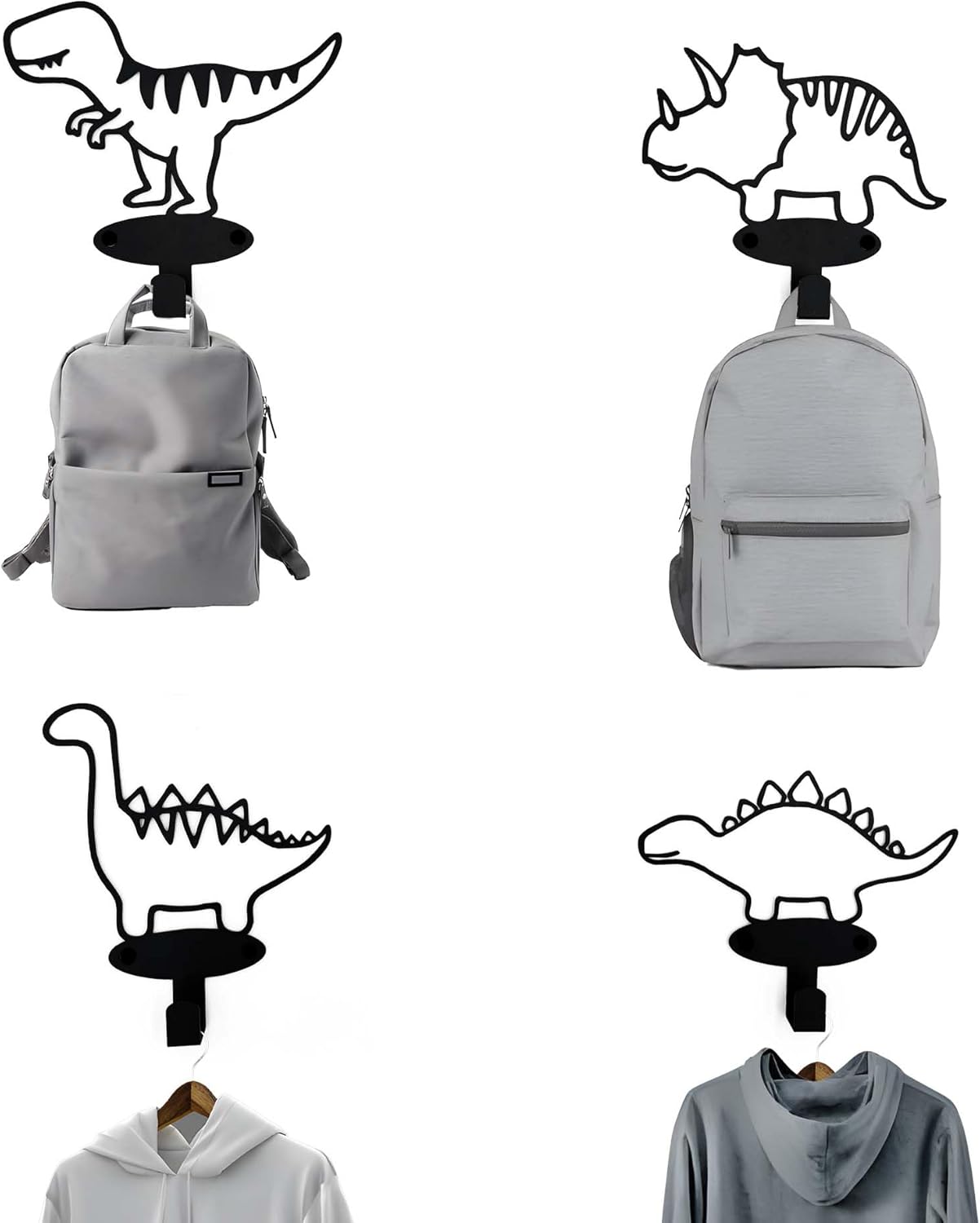 4 Piece Dinosaur Silhouette Coat Hooks Set Matte Black