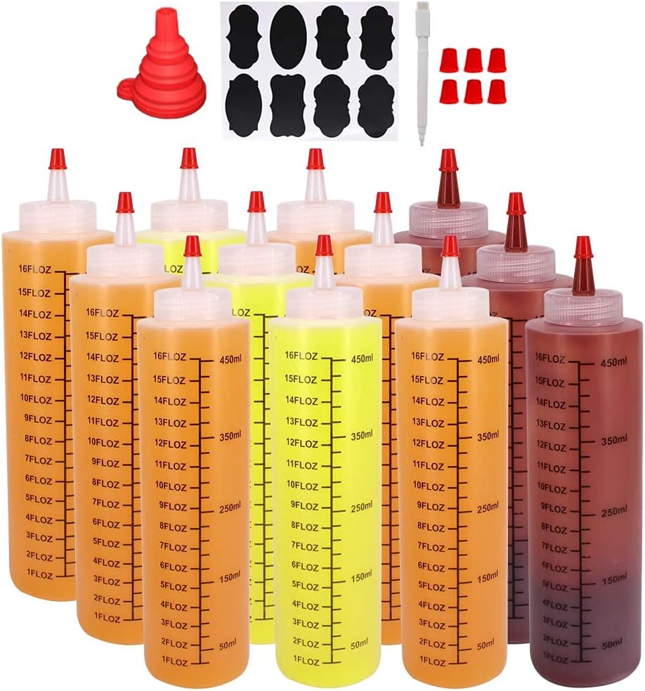 12 Pack 16-Ounce Plastic Squeeze Bottles with Red Cap and Reusable Labels