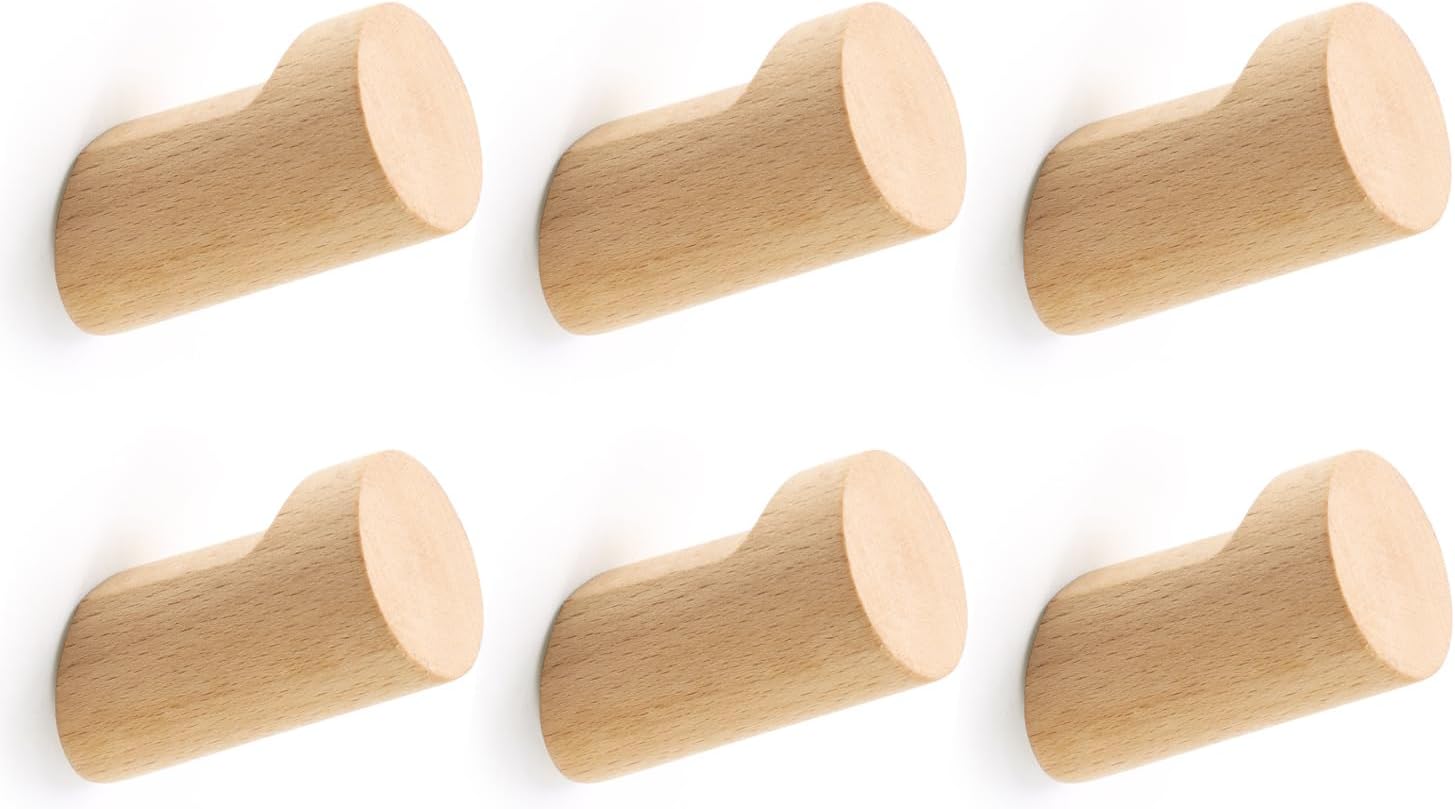 Optish Wood Wall Hooks 6 Pack - Natural Durable and Stylish