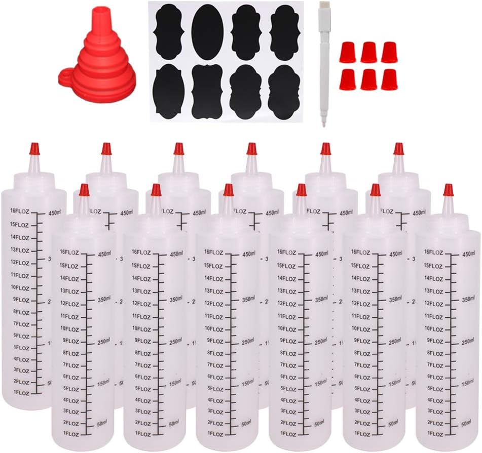 12 Pack 16-Ounce Plastic Squeeze Bottles with Red Cap and Reusable Labels