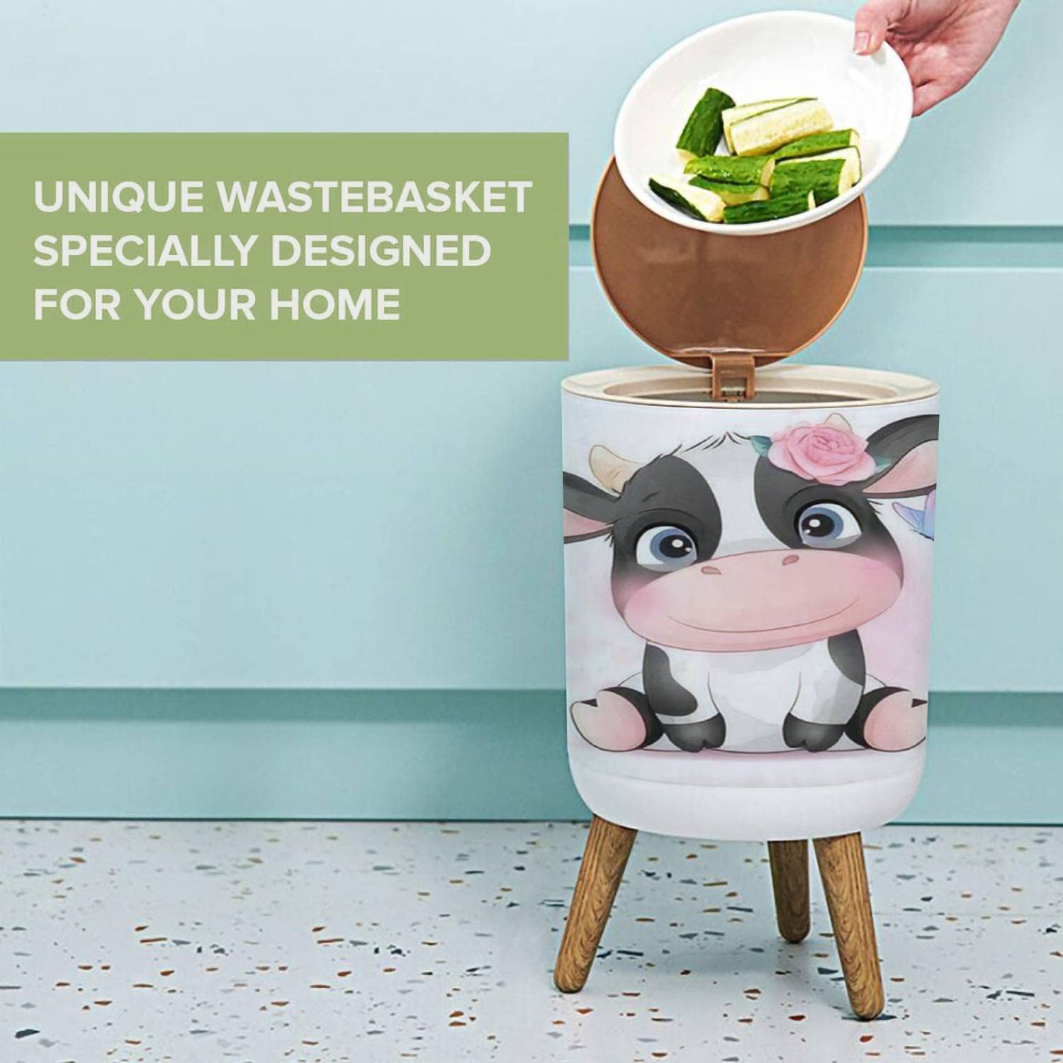 Boho Farm Animal Trash Can with Lid Cow 18 Gallon